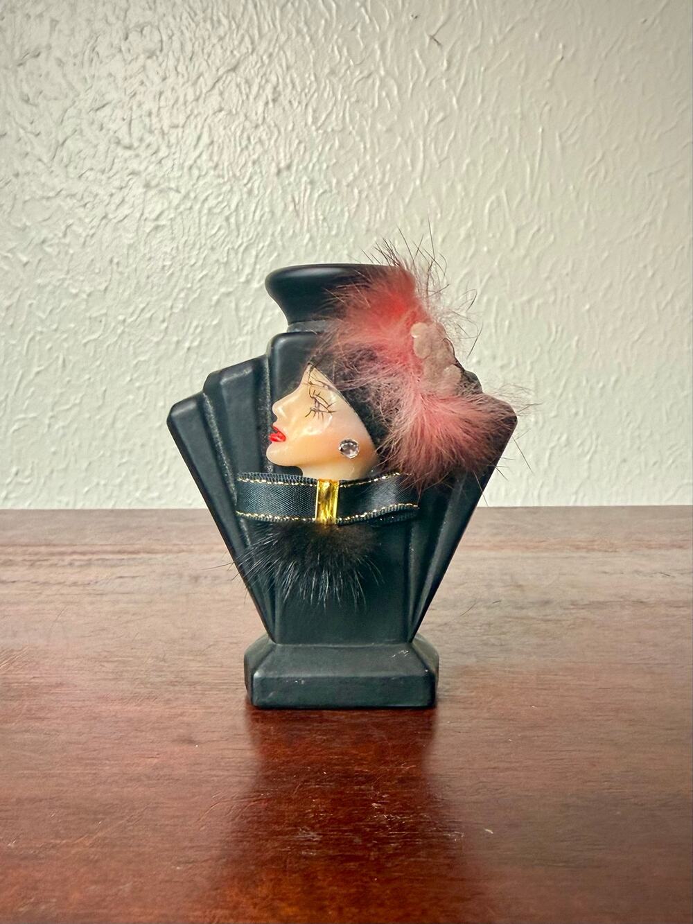 Art Deco Style Lady Face Fan Vase, Matte Black Bud Vase Decor